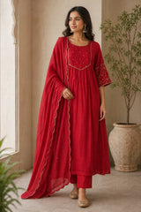 Red Aabha Mul Chanderi Set