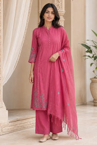 Pink Ruhani mul chanderi A-line suit set with hem embroidery — front view, RITAURA