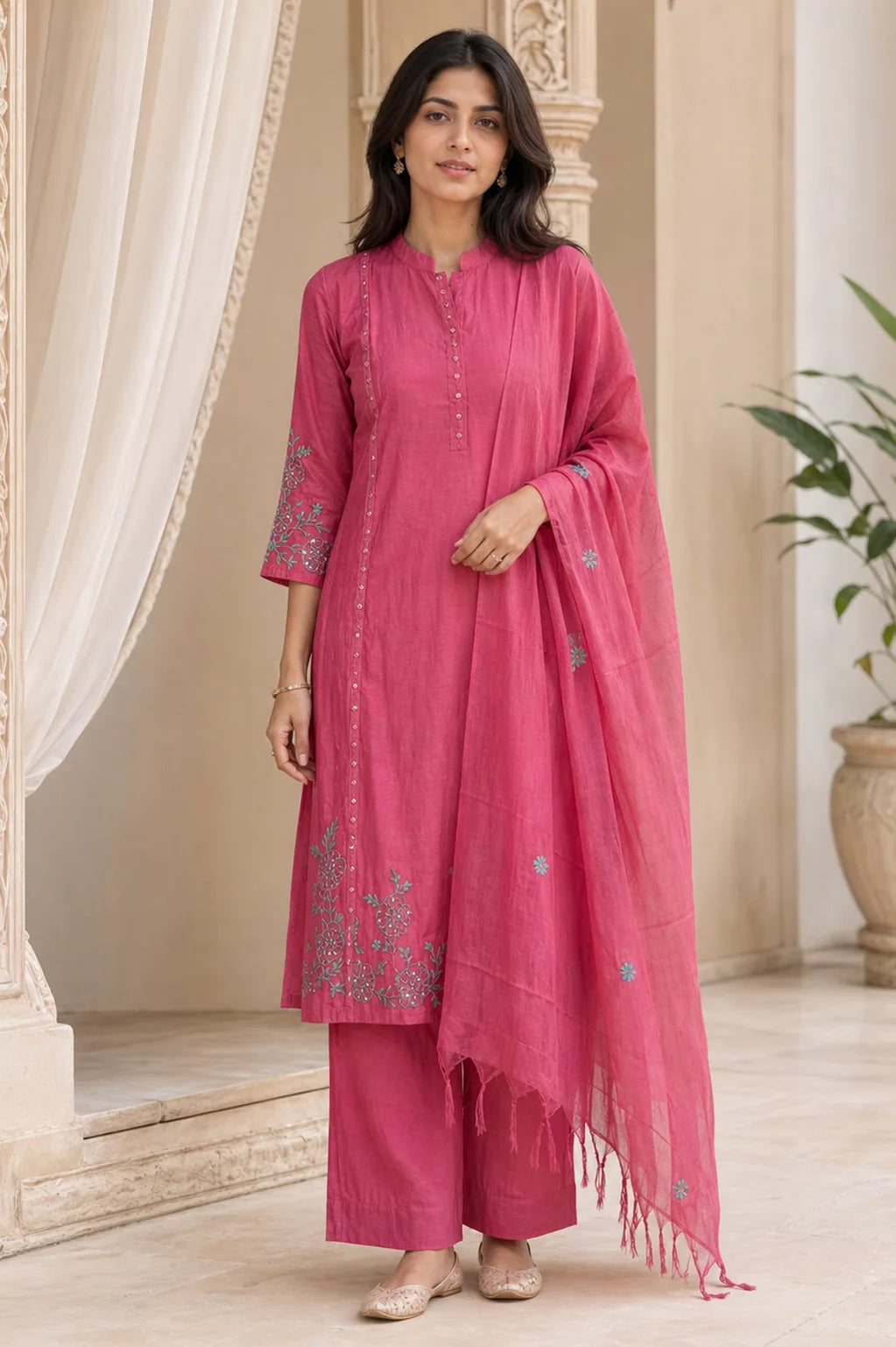 Pink Ruhani mul chanderi A-line suit set with hem embroidery — front view, RITAURA