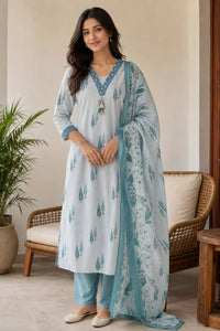 Blue Aira pure cotton suit set with Kota cotton dupatta — front view, RITAURA