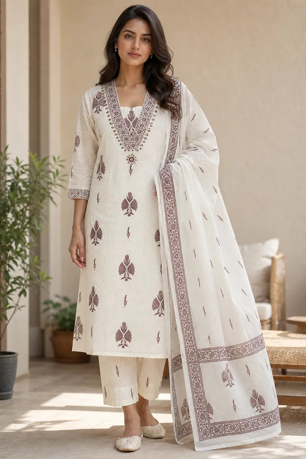 Brown Nayra pure cotton suit set with printed Anarkali silhouette — front view, RITAURA