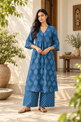 Blue Printed Kota Cotton Kurta Set