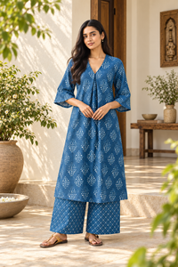 Blue Printed Kota Cotton Kurta Set