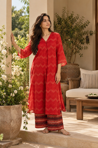 Red Printed Kota Cotton Kurta Set