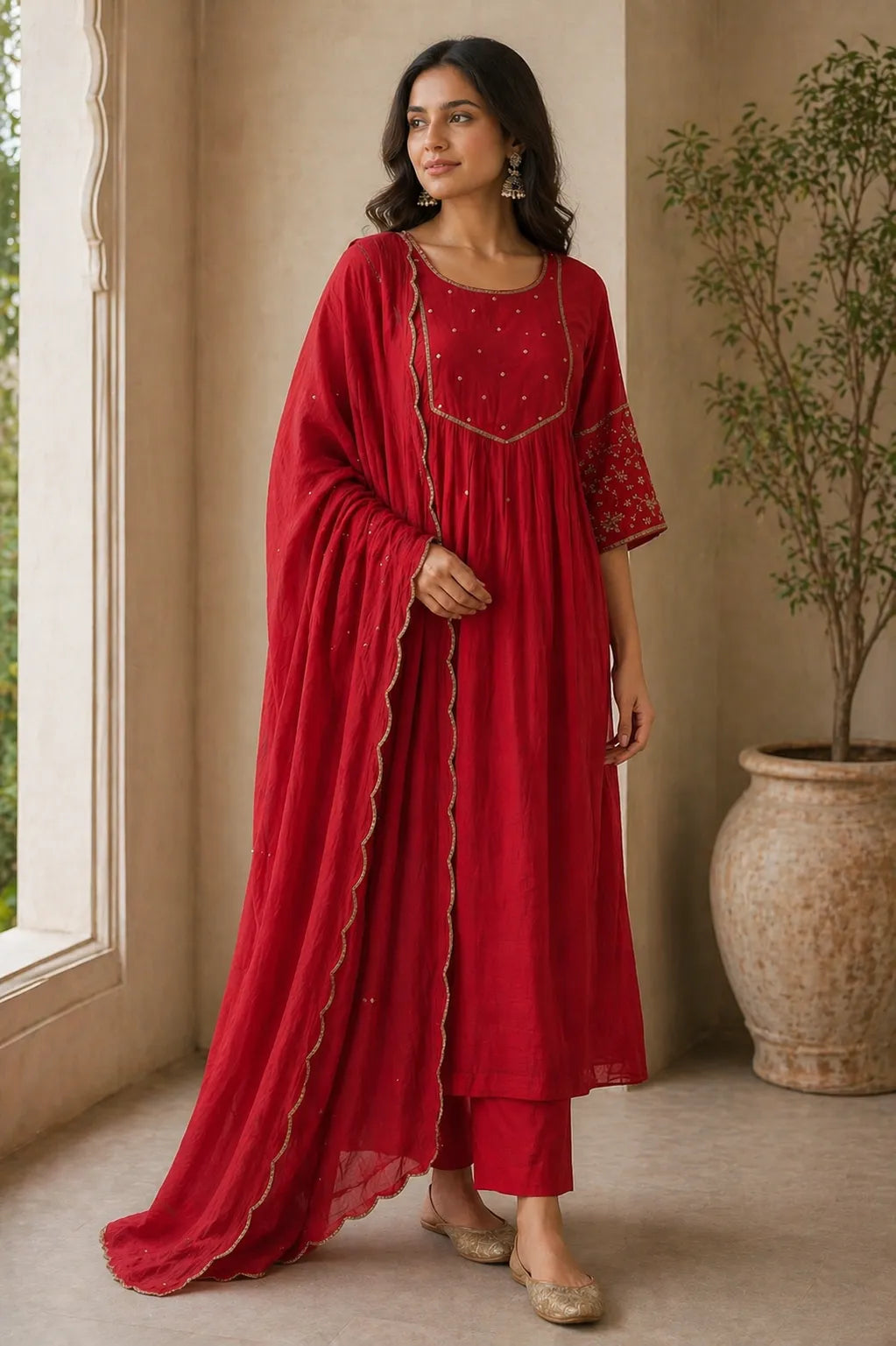 Red Aabha mul chanderi A-line suit set with gold neckline — back view, RITAURA