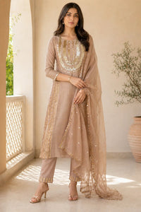 Beige Zaria mul chanderi straight suit set with gold embroidery — back view, RITAURA