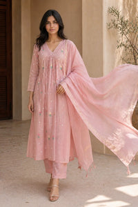 Blush pink Gulnaar mul chanderi A-line suit set with embroidery — styled look on model, RITAURA