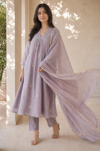 Dusty mauve Gulnaar mul chanderi A-line suit set with embroidery — back view, RITAURA