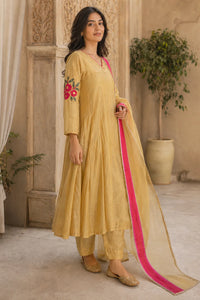 Mustard yellow Aarini mul chanderi A-line suit set with floral embroidery — back view, RITAURA