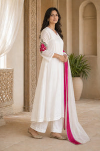 Ivory Aarini mul chanderi A-line suit set with floral sleeve embroidery — back view, RITAURA
