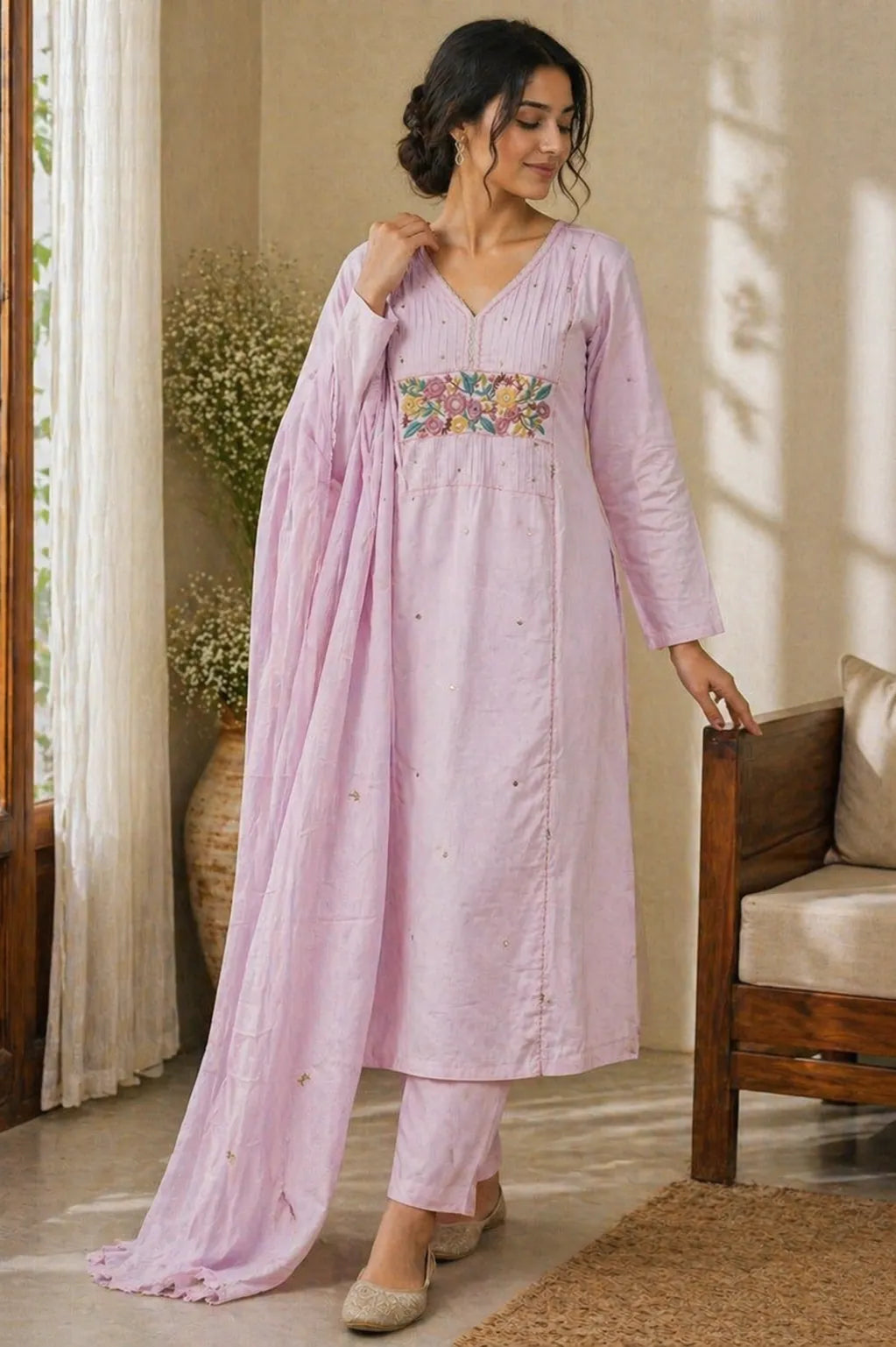 Pink Sukoon pure cotton suit set with embroidered yoke — back view, RITAURA