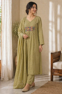 Muted olive pure cotton suit set with thread work — front view, RITAURA