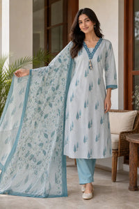 Blue Aira pure cotton suit set with Kota cotton dupatta — back view, RITAURA