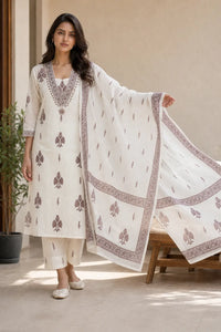 Brown Nayra pure cotton suit set with printed Anarkali silhouette — back view, RITAURA