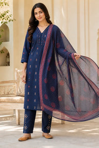 Blue Riva pure cotton suit set with thread work — back view, RITAURA