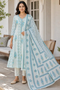 Blue Neerja mul cotton Anarkali suit set with soft flare — back view, RITAURA
