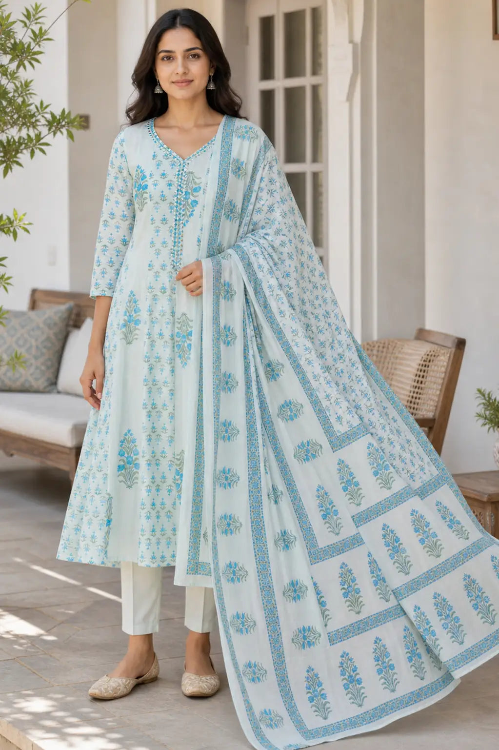 Blue Neerja mul cotton Anarkali suit set with soft flare — back view, RITAURA