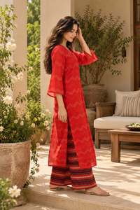 Red Printed Kota Cotton Kurta Set