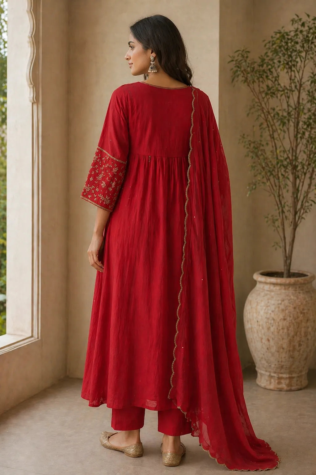 Red Aabha mul chanderi A-line suit set with gold neckline — close-up of weave and embroidery detail, RITAURA