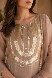 Beige Zaria mul chanderi straight suit set with gold embroidery — close-up of weave and embroidery detail, RITAURA