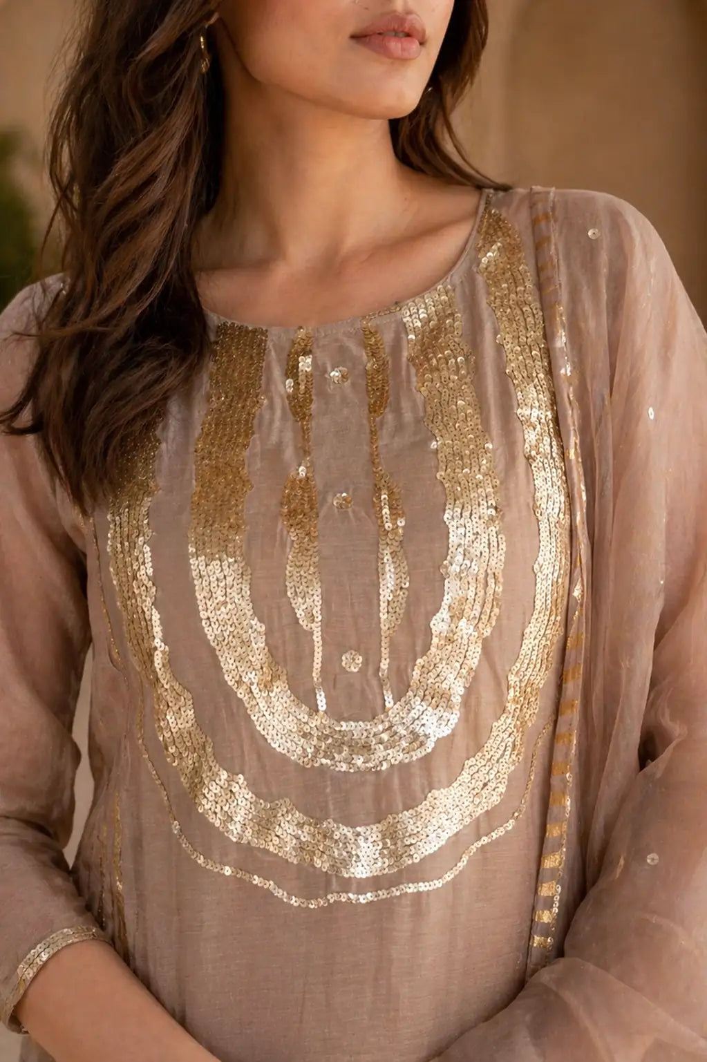 Beige Zaria mul chanderi straight suit set with gold embroidery — close-up of weave and embroidery detail, RITAURA