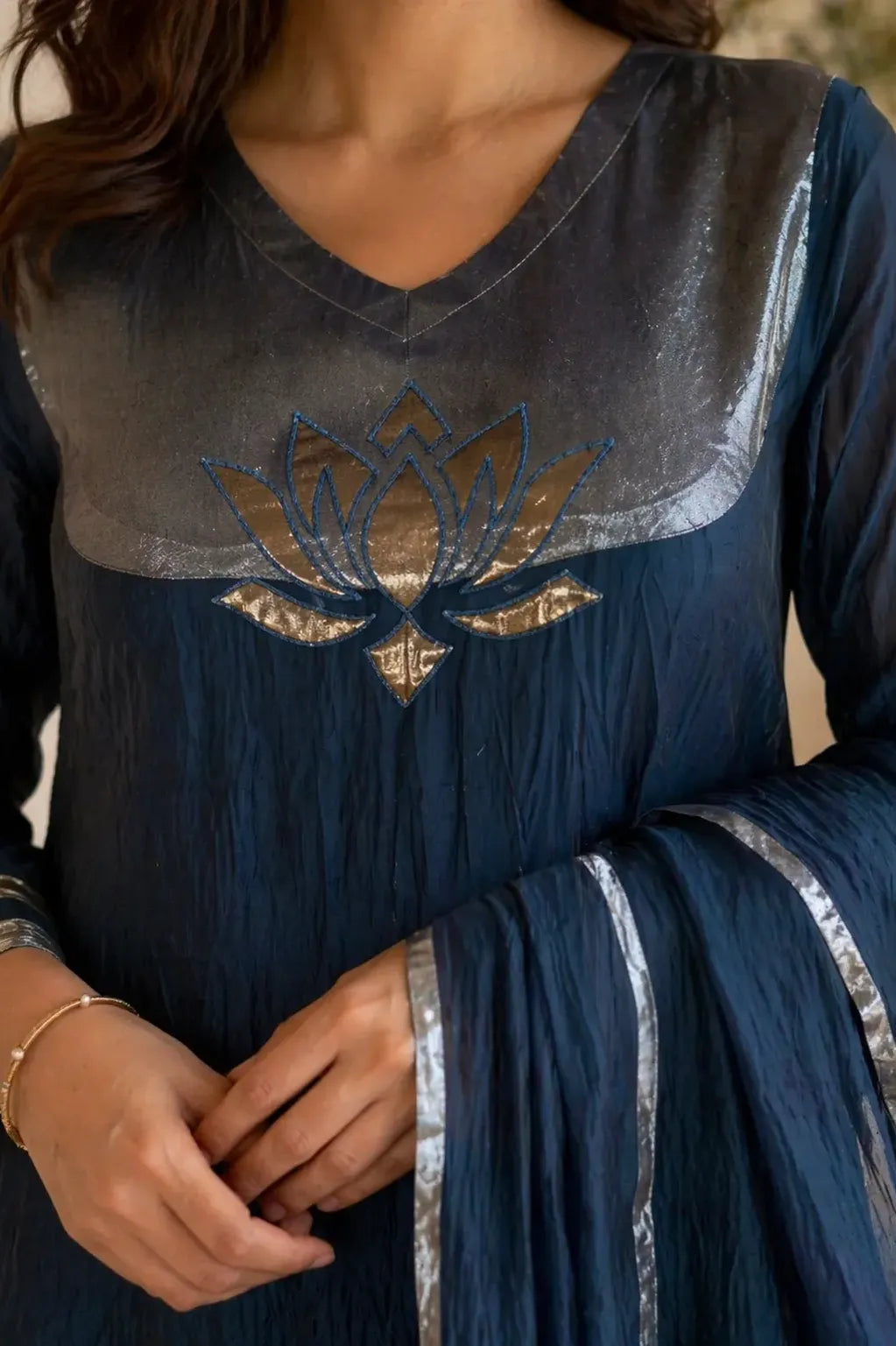 Midnight blue Neel Kamal mul chanderi A-line suit set with gold detail — close-up of weave and embroidery detail, RITAURA