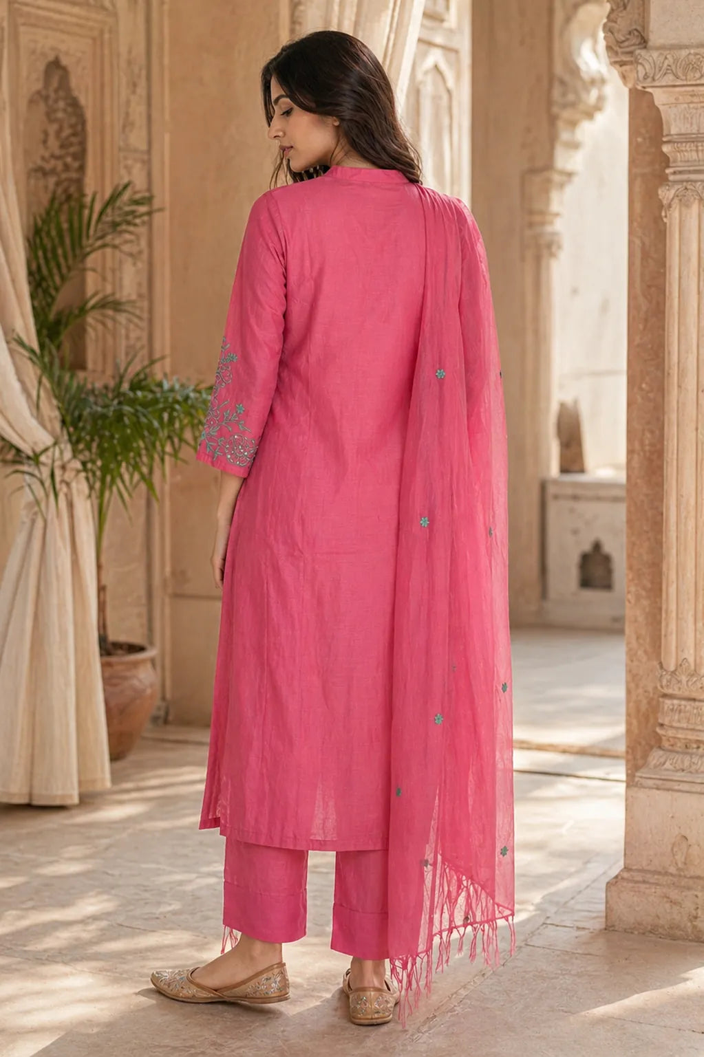Pink Ruhani mul chanderi A-line suit set with hem embroidery — close-up of weave and embroidery detail, RITAURA