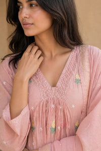 Blush pink Gulnaar mul chanderi A-line suit set with embroidery — back view, RITAURA
