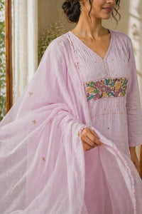 Pink Sukoon pure cotton suit set with embroidered yoke — close-up of weave and embroidery detail, RITAURA