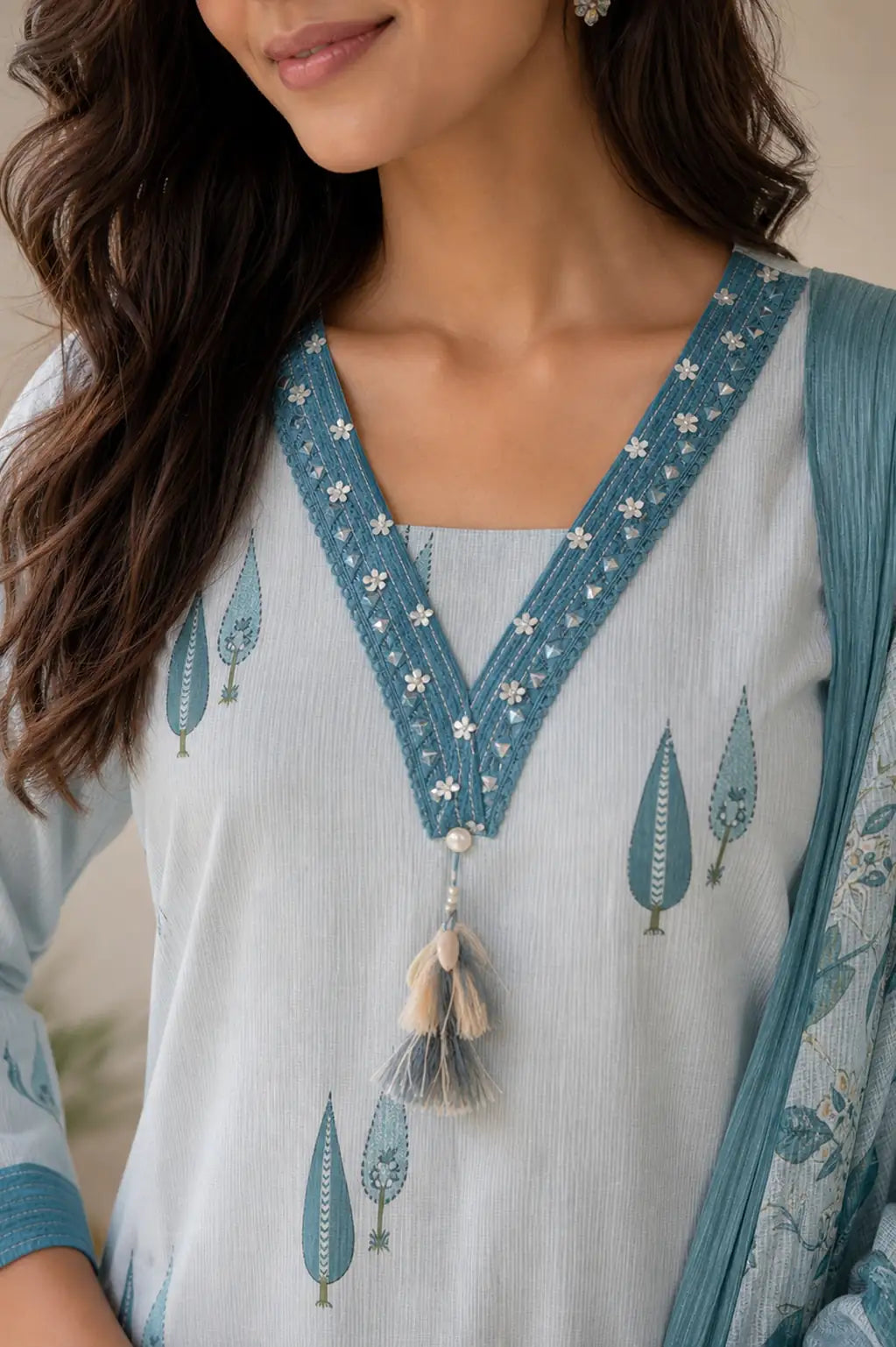 Blue Aira pure cotton suit set with Kota cotton dupatta — close-up of weave and embroidery detail, RITAURA