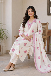 Pink Nayra pure cotton suit set with printed motifs and mirror detail — close-up of weave and embroidery detail, RITAURA