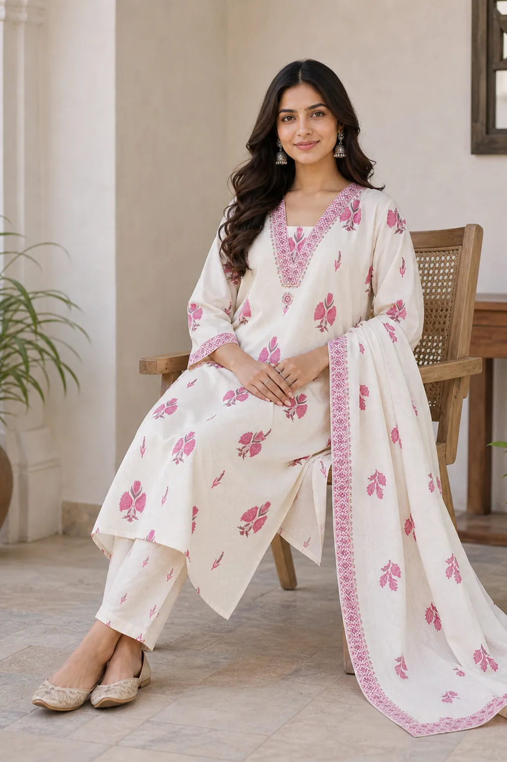 Pink Nayra pure cotton suit set with printed motifs and mirror detail — close-up of weave and embroidery detail, RITAURA