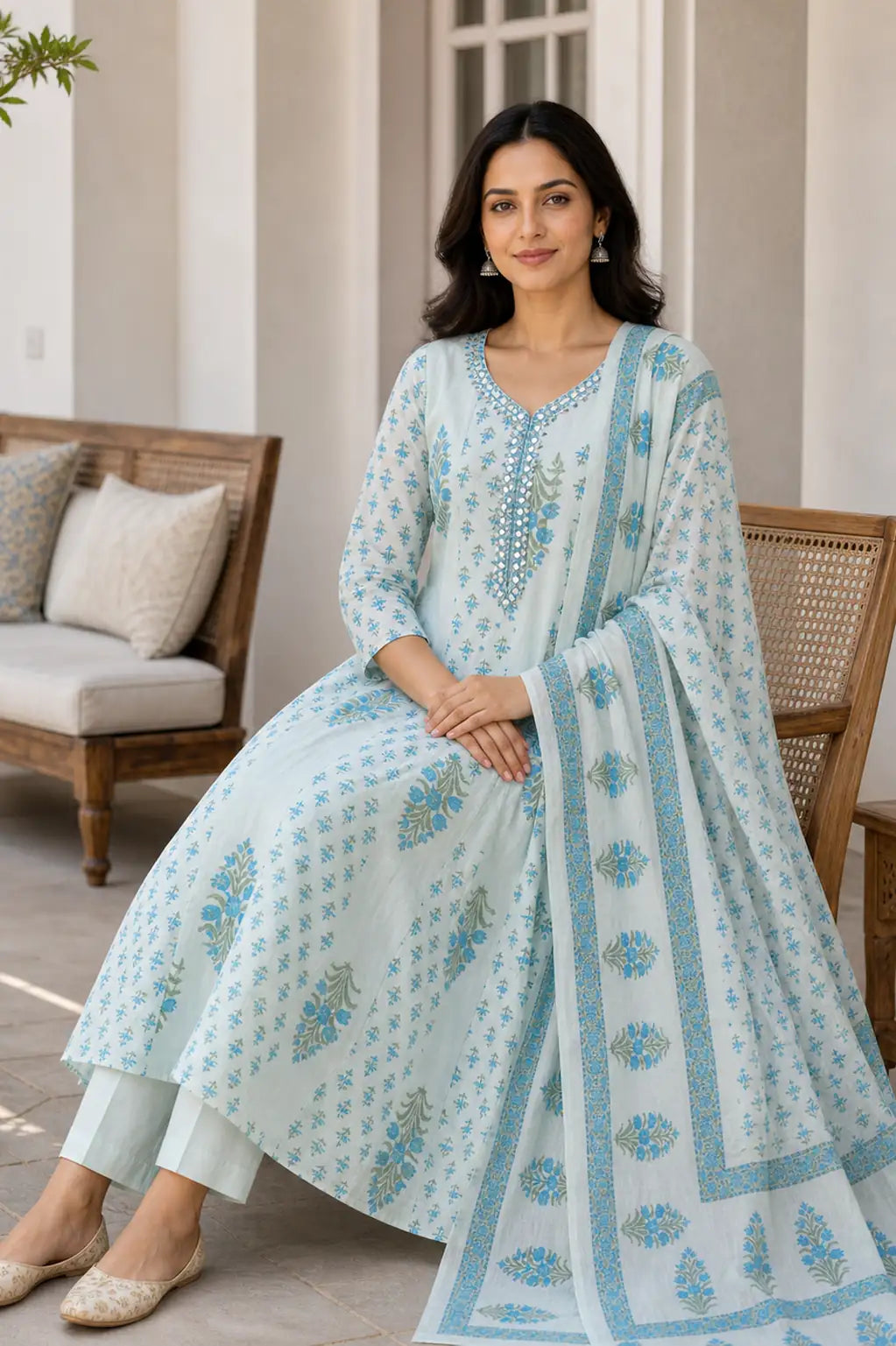 Blue Neerja mul cotton Anarkali suit set with soft flare — close-up of weave and embroidery detail, RITAURA