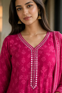 Rani pink Aarohi mul cotton Anarkali suit set with embroidered neckline — close-up of weave and embroidery detail, RITAURA