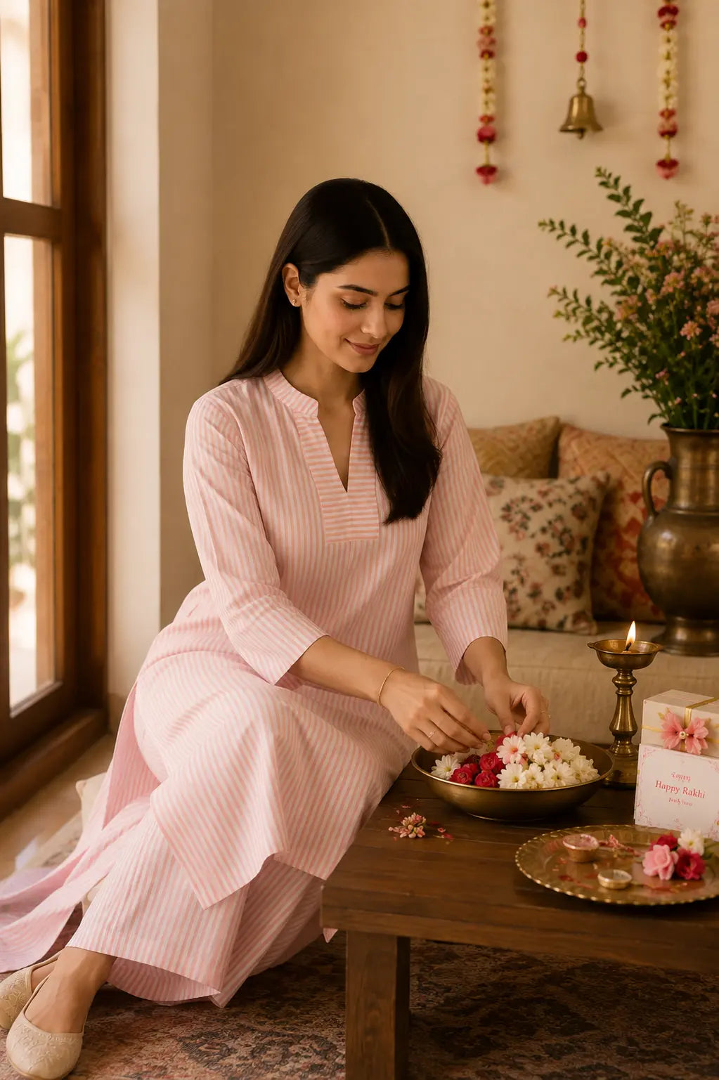 Peach Striped Organic Cotton Kurta Set