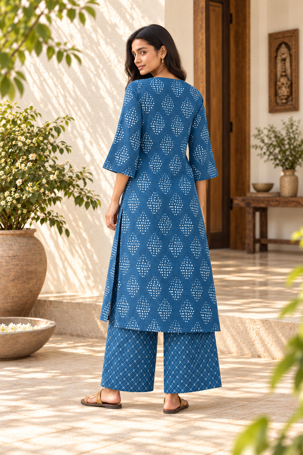 Blue Printed Kota Cotton Kurta Set