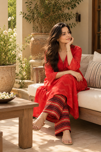 Red Printed Kota Cotton Kurta Set