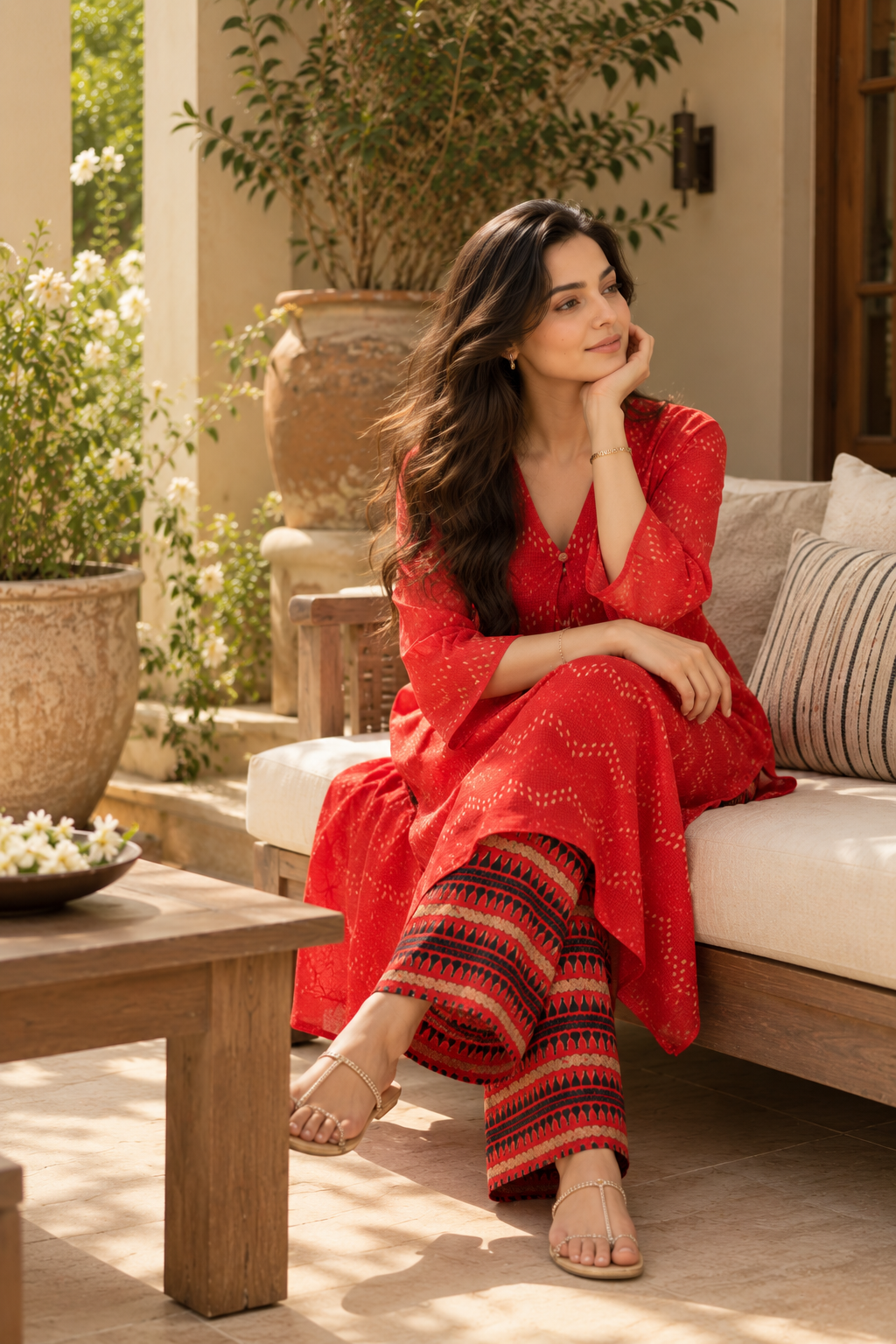 Red Printed Kota Cotton Kurta Set