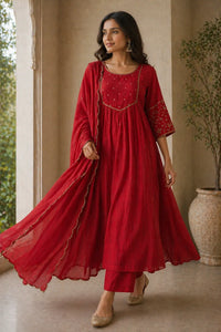 Red Aabha mul chanderi A-line suit set with gold neckline — styled look on model, RITAURA