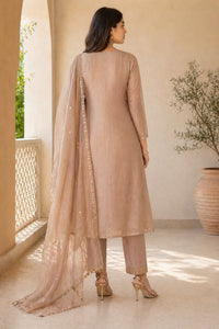 Beige Zaria mul chanderi straight suit set with gold embroidery — styled look on model, RITAURA