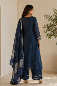 Midnight blue Neel Kamal mul chanderi A-line suit set with gold detail — styled look on model, RITAURA