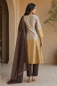 Champagne gold Noor tissue silk suit set with brown embroidery — styled look on model, RITAURA