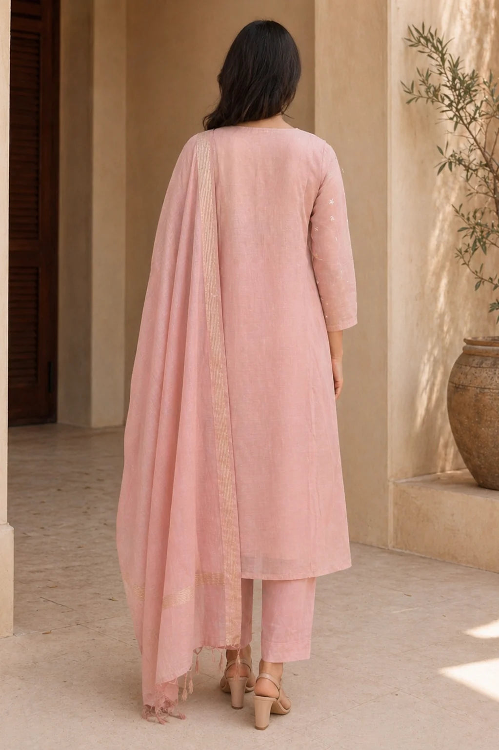 Blush pink Gulnaar mul chanderi A-line suit set with embroidery — close-up of weave and embroidery detail, RITAURA