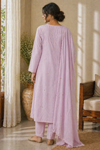 Pink Sukoon pure cotton suit set with embroidered yoke — styled look on model, RITAURA