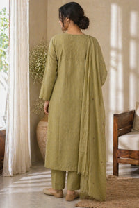 Muted olive pure cotton suit set with thread work — close-up of weave and embroidery detail, RITAURA