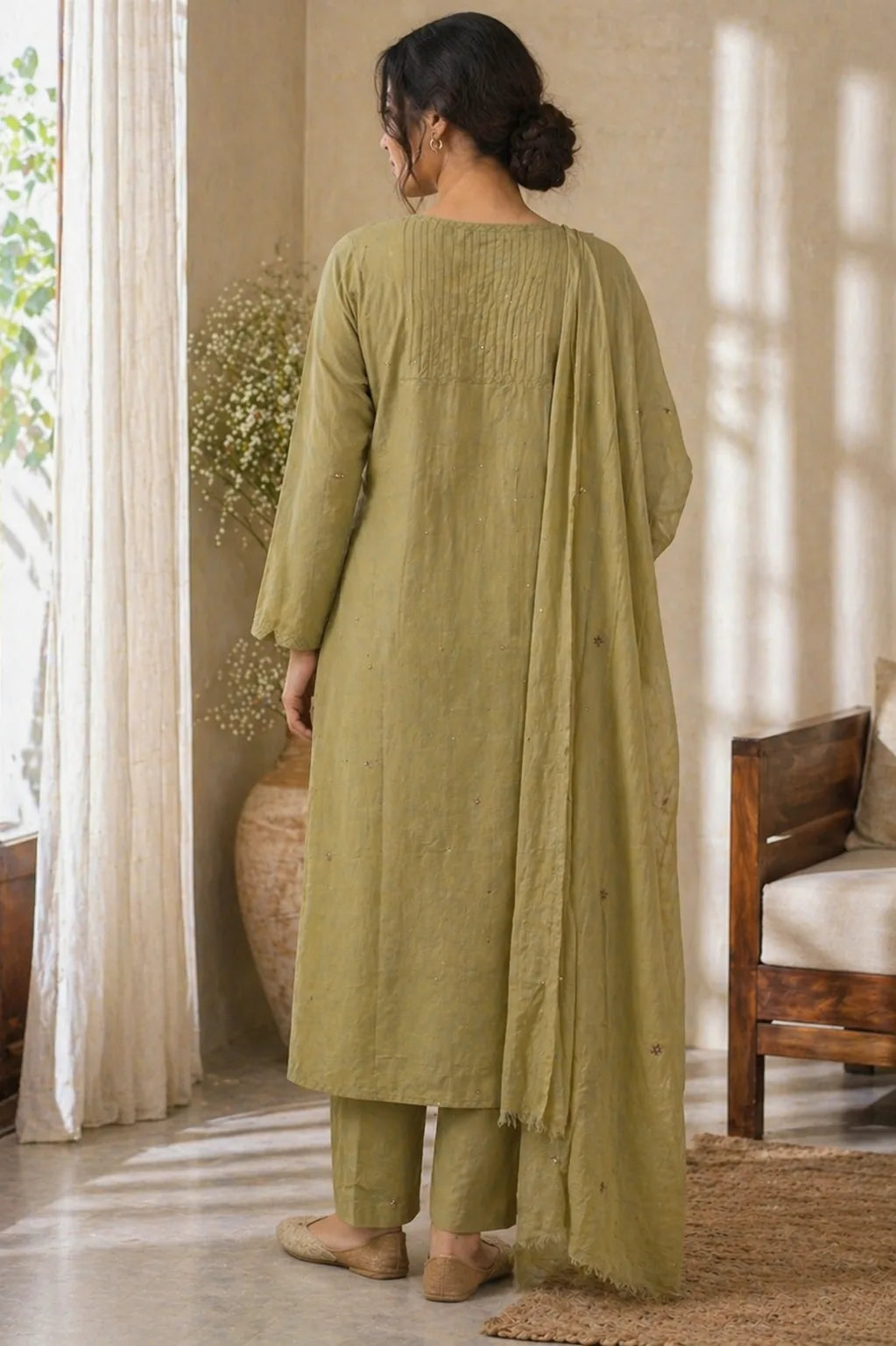 Muted olive pure cotton suit set with thread work — close-up of weave and embroidery detail, RITAURA