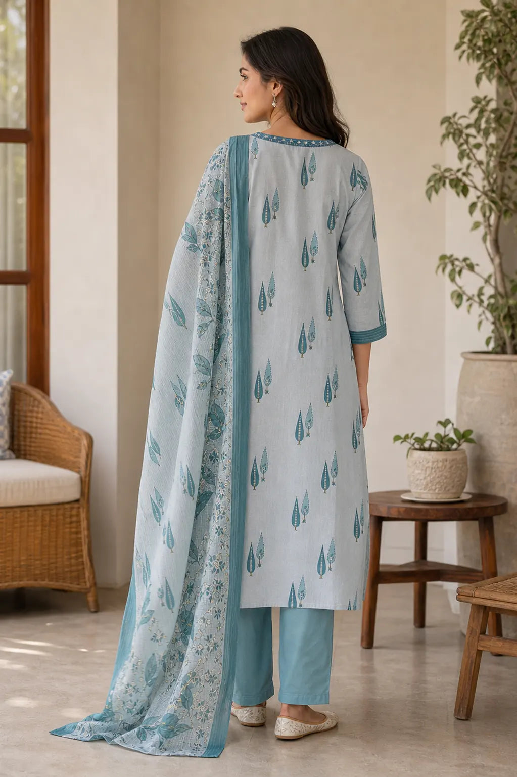 Blue Aira pure cotton suit set with Kota cotton dupatta — styled look on model, RITAURA