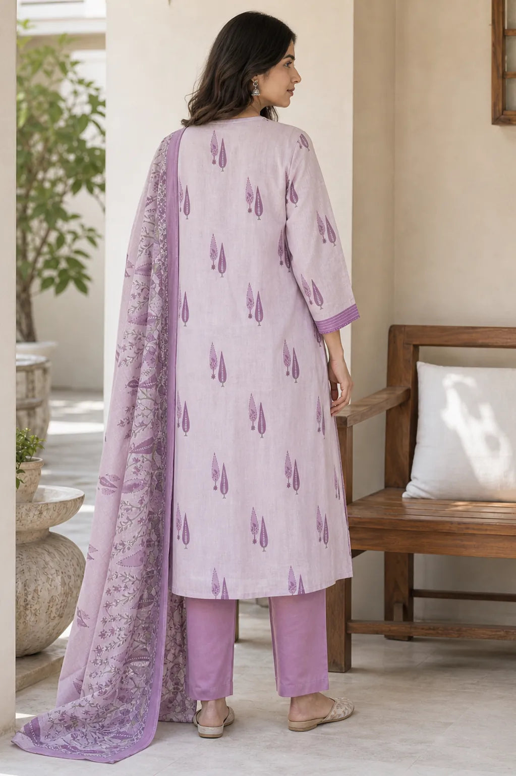 Lavender Aira pure cotton suit set with Kota cotton dupatta — styled look on model, RITAURA
