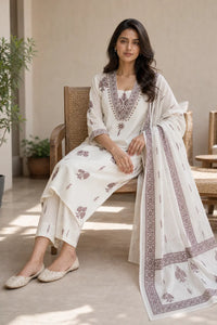 Brown Nayra pure cotton suit set with printed Anarkali silhouette — styled look on model, RITAURA