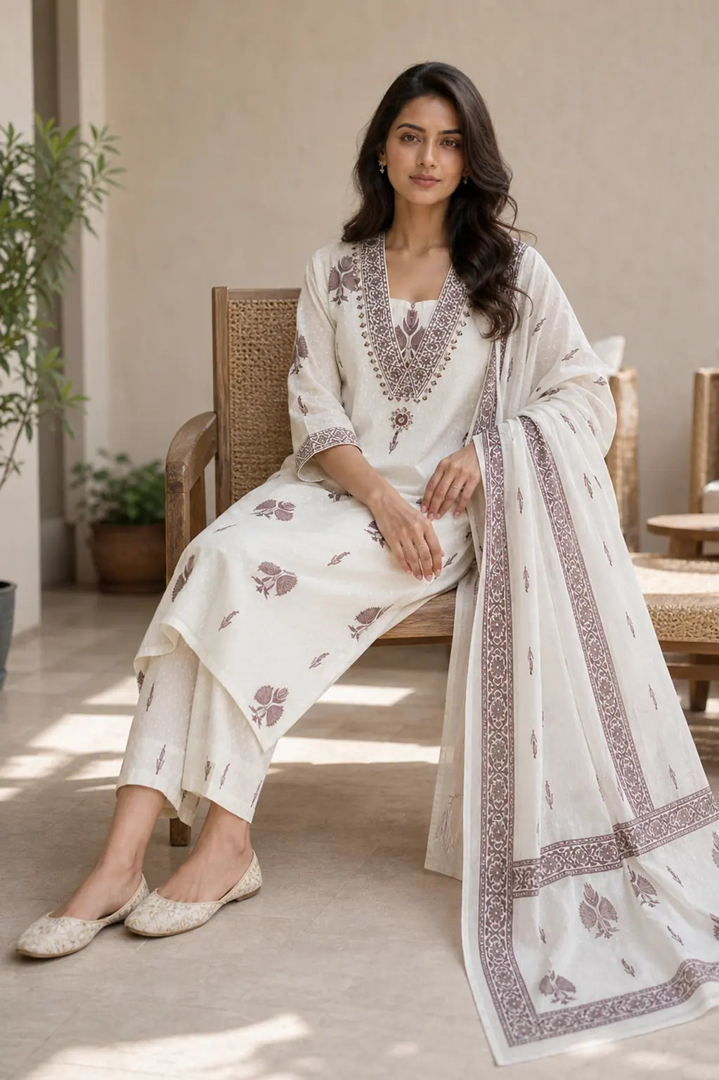 Brown Nayra pure cotton suit set with printed Anarkali silhouette — styled look on model, RITAURA